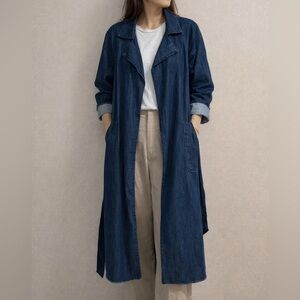 Gap Sz S Long Line Denim Trench Coat Patch Pockets Belt Frayed Edges Blue EUC